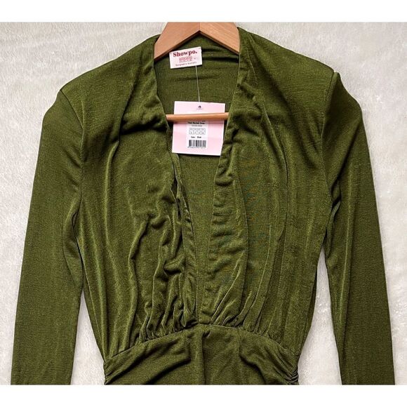 NWT Showpo Kaitie Mini Deep V Open Front Ruched Dress in Khaki, Size 4 - Picture 10 of 16
